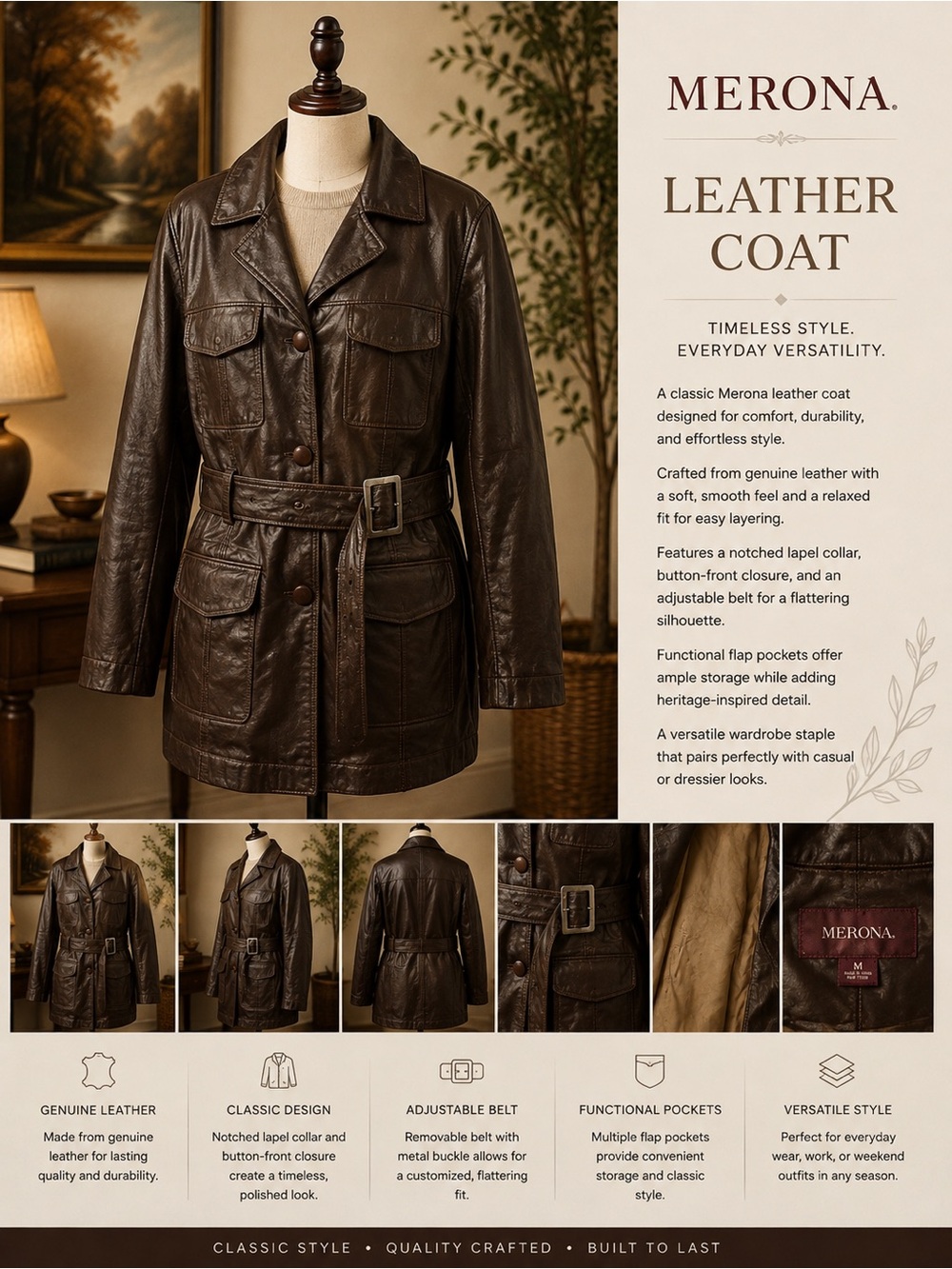 Merona Dark Brown Leather Trench Coat with Belt